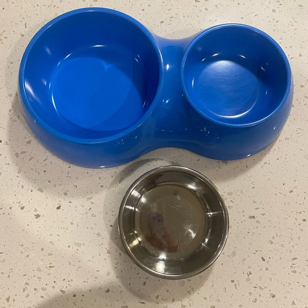 Stainless Steel Double Bowl Dog Cat Food Water Dish Feeding Station Blue
